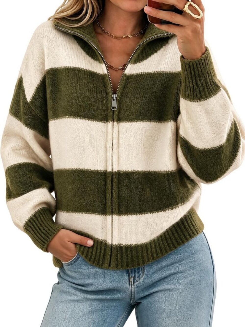 Striped Color Block Long Sleeve Knit Cardigan Sweater for Women - Zip Closure